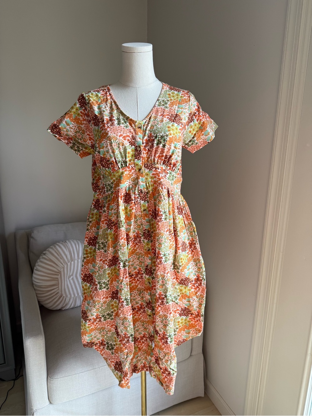 kate quinn Floral Patchwork V-Neck Midi Dress — Orange, Green, Cream
